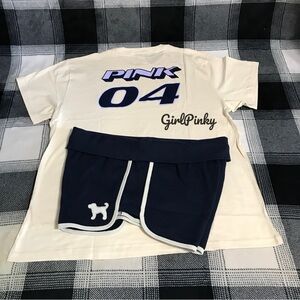 VS PINK TERRY SHORTS OUTFIT IN NOIR NAVY & CAMPUS TEE WITH PINK 04 LOGO IN M-XL